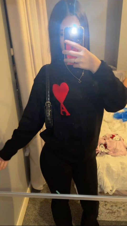 ‘A’ red love on black sweater
