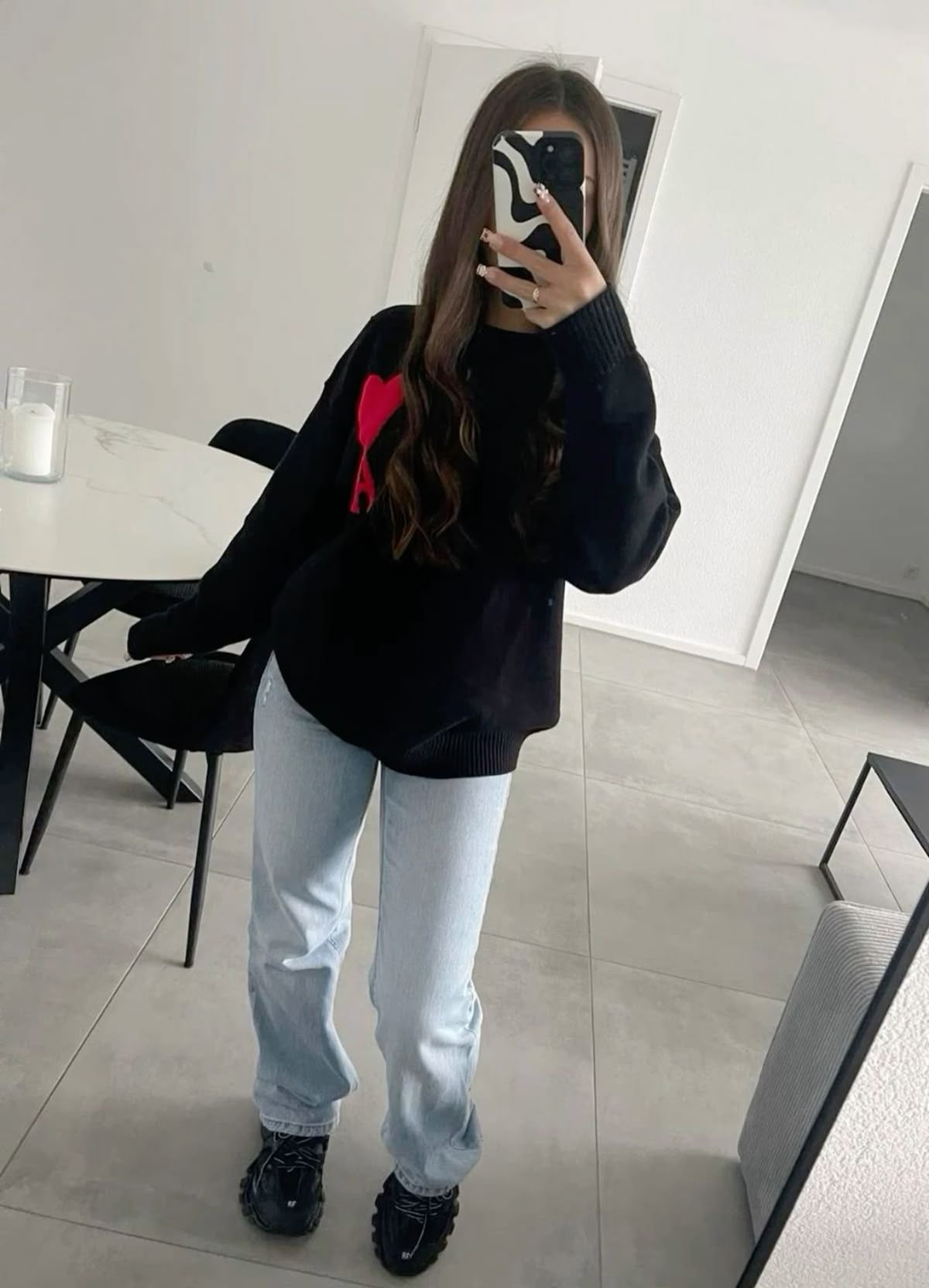 ‘A’ red love on black sweater